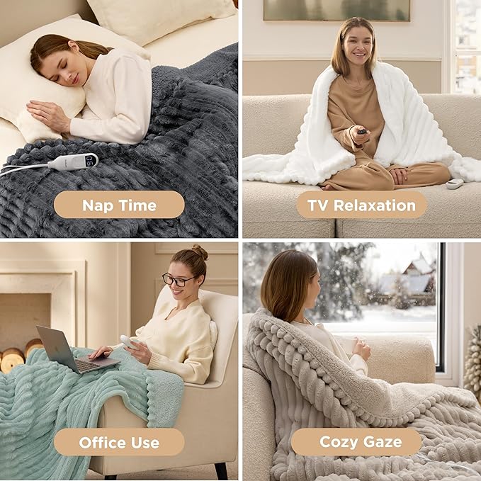 Bedsure Electric Blanket Twin - Thick Striped Flannel Electric Blanket, Heating with 10 Time Settings, 6 Heat Settings, and 8-Hour Timer Auto Shut Off, Gift for Grandma (62x84 inches, Grey)