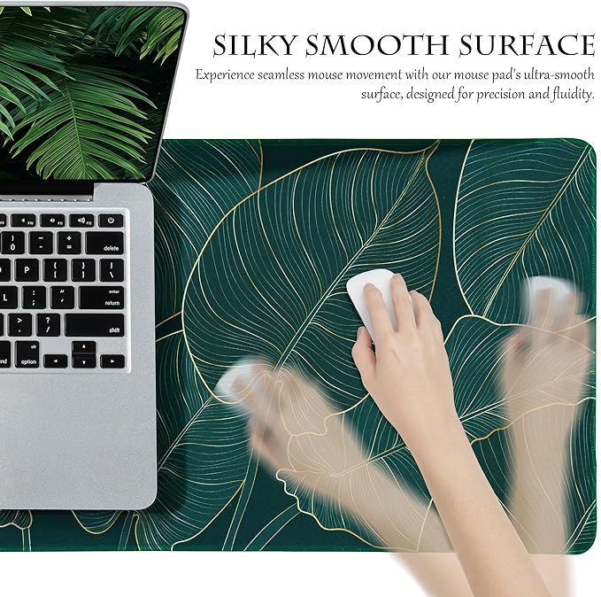 ALOANES Waterproof Mouse Pad with Durable Stitched Edge, XL Gaming Keyboard Pad, Non-Slip Rubber Base, Extended Desk pad for Gamer, Office & Home, Green Leaves Mousepad 31.5''x 11.8''x 0.12''