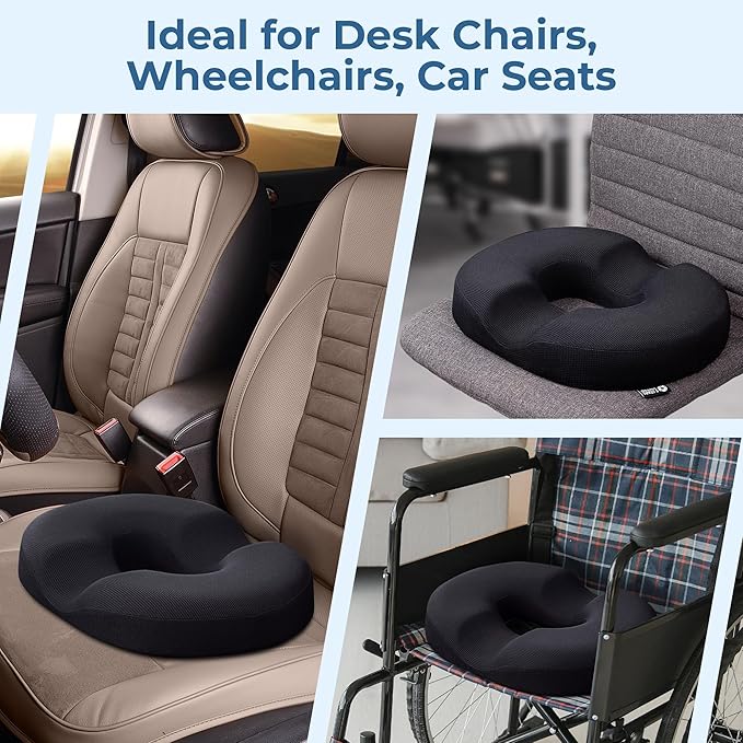 5 STARS UNITED Donut Pillow Hemorrhoid Tailbone Cushion – Large Chair Pad for Pain Relief – Coccyx, Prostate, Sciatica, Pelvic Floor, Pressure Sores, Pregnancy, Postpartum Recovery, Arctic Black