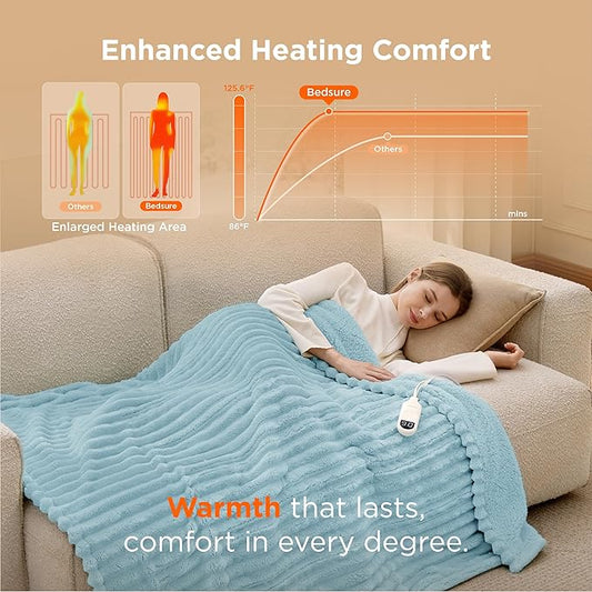 Bedsure Heated Blanket Electric Throw - Thick Striped Flannel Electric Blanket, Heating with 4 Time Settings, 6 Heat Settings, and 3-Hour Timer Auto Shut Off, Gift for Grandma (50"x60", Light Blue)