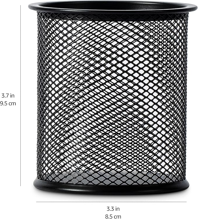 Amazon Basics Wire Mesh Pen Cup, Office Caddy Storage, Black, ‎3.7" x 3.3"