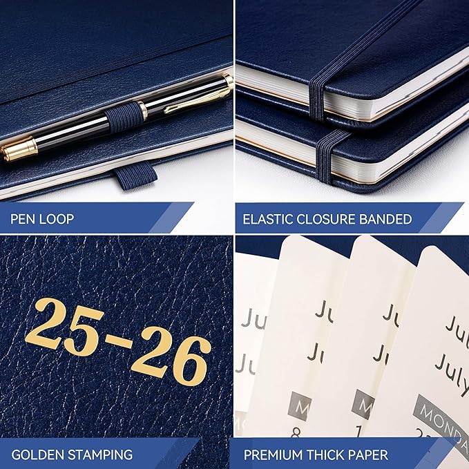 Planner 2025-2026 - Academic Planner 2025-2026, Leather Calendar Weekly and Monthly, 9"x11", July 2025 - June 2026, Leather Hardcover, Pen Loop, Elastic Closure, Pocket - Navy