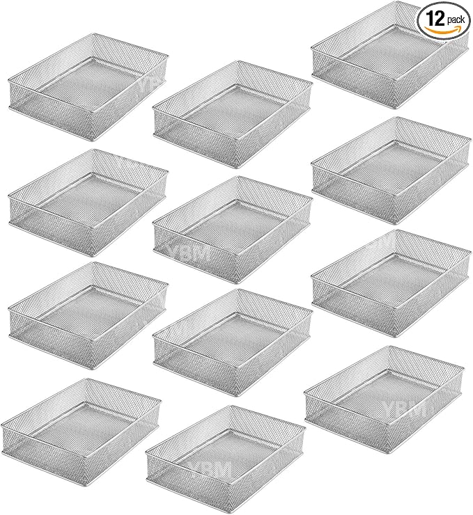 YBM HOME Silver Mesh Drawer Cabinet and or Shelf Organizer Bins, School Supply Holder Office Desktop Organizer Basket (12, 6x9x2 Inch)