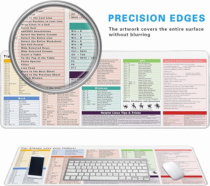 Excel Cheat Sheet Desk Pad, 31.5"x11.8", Waterproof Extra Large Excel Shortcut Mat with Stitched Edges, Anti-Slip Excel Mouse Pad for Office Desk, MS Excel/Word Shortcuts (White Shortcut Key B)