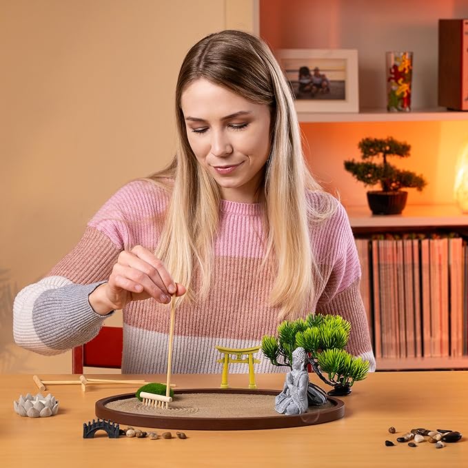 Zen Garden for Desk 13x8in – Japanese Decor with Buddha, Bonsai Tree, Tools & Accessories – Mini Zen Garden Kit for Office Desk, Home, Meditation Room, Desktop Gift Set, Sand Tray Therapy