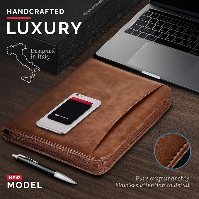 NERO MANETTI- Zippered Vegan Leather Padfolio/Portfolio Pad Holder-Business PU Leather Notepad Folder for Resumes, Interviews, iPad/Tablet, Phone, Legal Pad Notebook Executive Binder for Women, Men