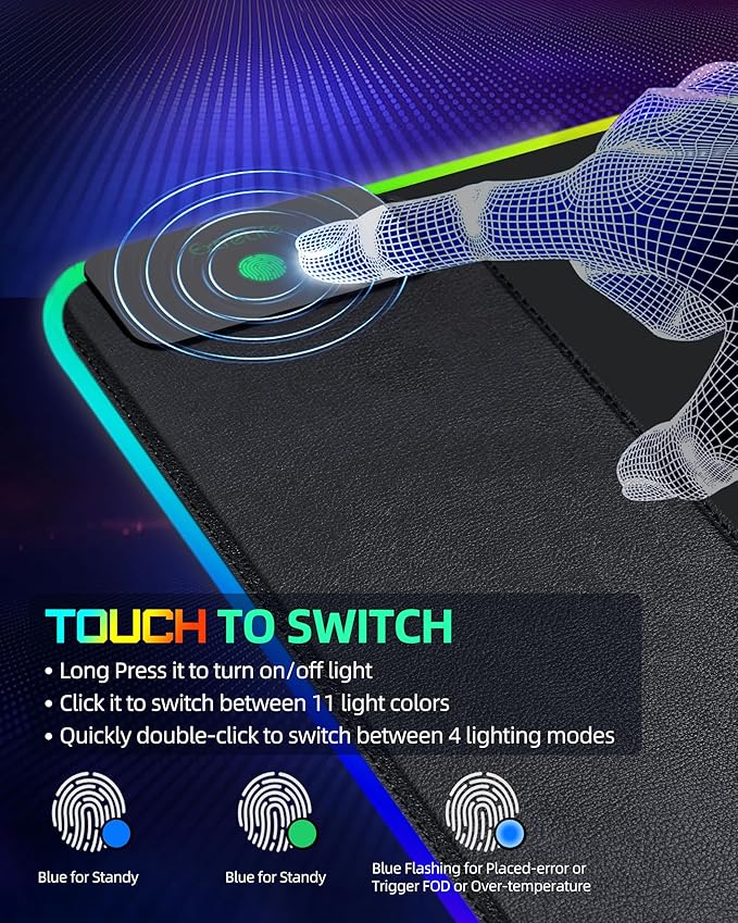 Wireless Charging Mouse Pad, RGB Gaming Desk Mat, 31.5"x15.7" Large XXL Desk Pad, 15 Lighting Modes, Ultra-Smooth Surface, Non-Slip Mouse Mat, Waterproof Computer Keyboard Pad for Desk, Office, Black