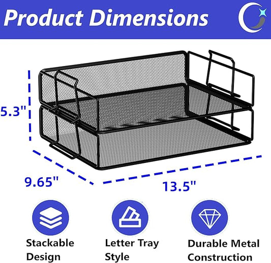 2 Tier Stackable Letter Tray Paper Holder Desk Organizer for Home Office School, Black