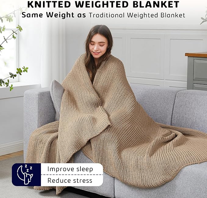 L'AGRATY Knitted Weighted Blanket - 50"x60" 7lbs Cooling Chunky Knit Heavy Blanket for Adults Braided Crochet Throw Thick Cable Yarn Knit Decorative Blanket No Beads Evenly Weighted Machine Washable