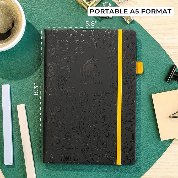 Clever Fox Dotted Journal 2.0 – Compact Planning and Sketching Dot Grid Notebook 120 GSM Thick, No-Bleed Paper – Planner with Pen Loop, Pocket, Ribbons, Stickers A5 - Black