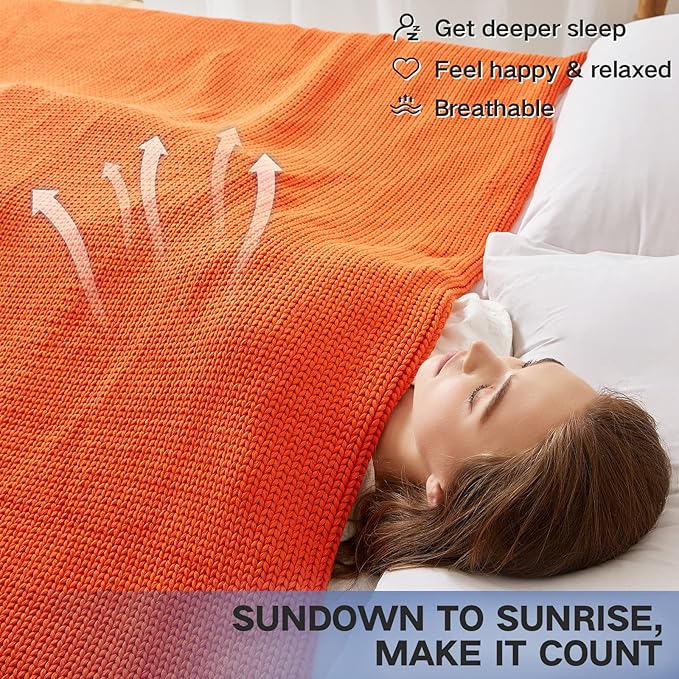 Guohaoi Knitted Weighted Blanket for Adults (Orange 60"x80" 25lbs) No Beads Cooling Throw Blanket for Hot Sleepers, Home Decor Breathable Chunky Knit Heavy Blanket Use on Queen/King Size Bed