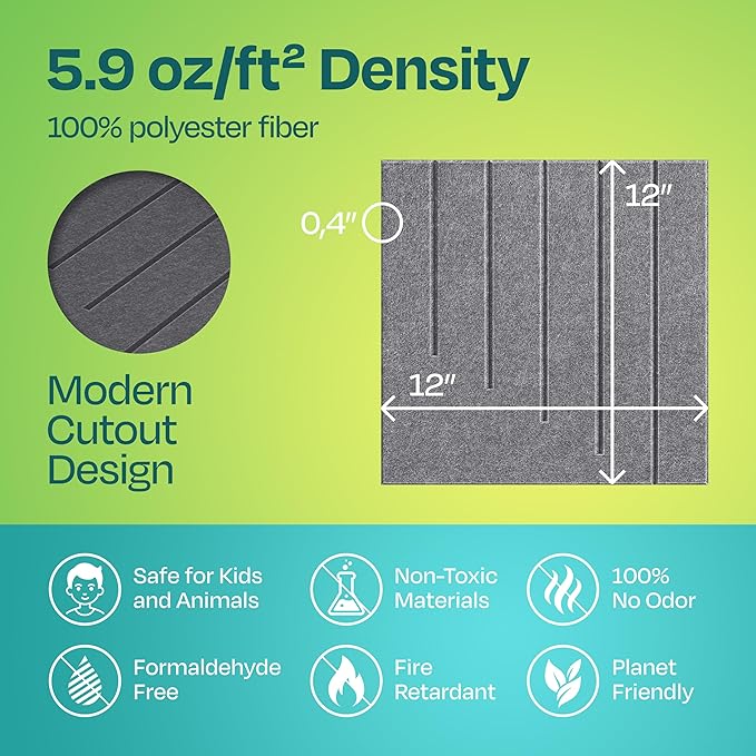 Acoustic Panels 12-Pack Soundproof Wall Panels 12"x12"x0.4" Decorative Sound Dampening for your Home, Office, Studio, Bedroom & More with Unique LineWave Carving [Pebble Gray]