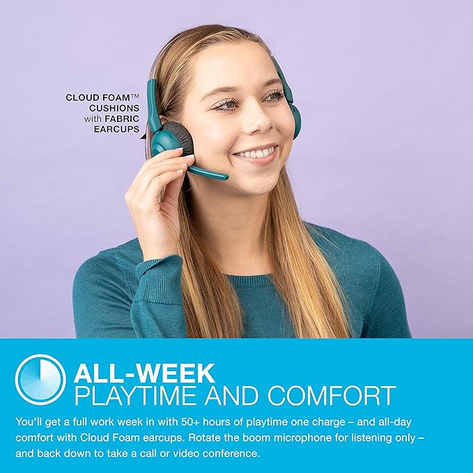 JLab Go Work Pop On-Ear Wireless Headset, Teal, 50+ Hours Playtime, Bluetooth Multipoint, Rotating Boom Mic, Noise Canceling MEMS Microphone, Light-Weight and Portable, for PC/Mac or Mobile