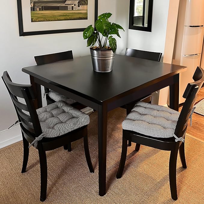 Barnett Home Decor Dining Chair Cushions with Ties – Size Medium 16.5 x 18 - Latex Foam Fill, 100% Cotton, Machine Washable Chair Pads for Kitchen Chairs, Made in USA (Madrid Black/Pack of 2)