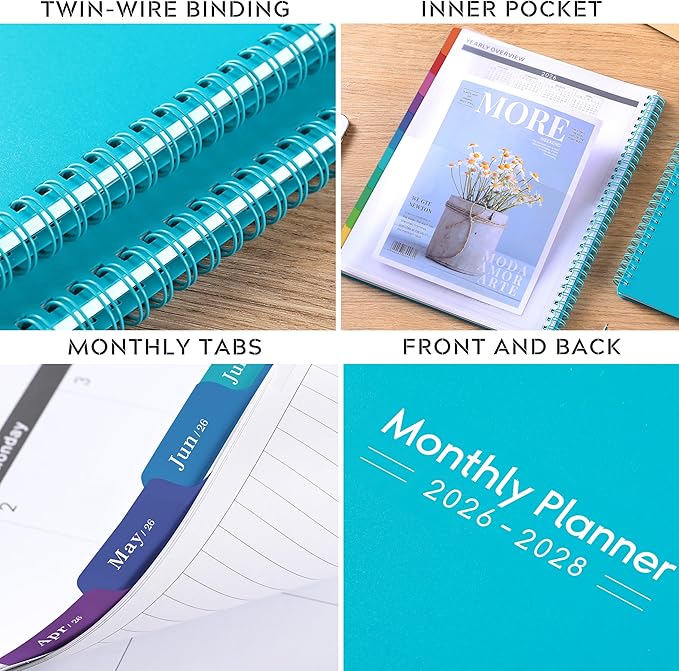 2026-2028 Monthly Planner/Calendar - 3 Year Monthly Planner 2026-2028, Jan.2026 - Dec.2028, 9" x 11", 36-Month Calendar + Colorful Tabs + Pocket - Teal