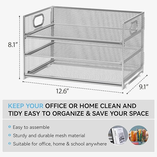 Subekyu 3 Tier Paper Desk Organizer with Handle and 1 PC Slideable Letter Tray, A4 Paper File Folder Sorter Metal Mesh Organizer for Home Office School Desk Supplies Organization Storage, Silver