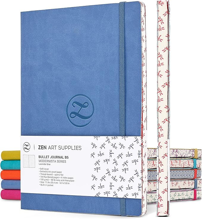 ZenART Supplies A5 Dotted Journal - Enjoy Bullet Journaling with a Soft Cover, Non-Bleed Thick 120gsm Paper, Dot Journal in Blue, Japanese Edge Motif - Faux Leather Lay Flat Dot Grid Notebook