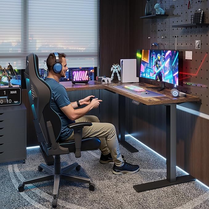 SANODESK L Shaped Electric Standing Desk with Drawer, 63 Inch Ergonomic Adjustable Height Desk with Storage, Corner Desk Sit Stand up Computer Table for Work Office Home, Rustic Brown