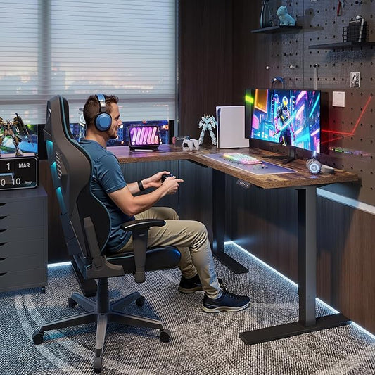 SANODESK L Shaped Standing Desk Adjustable Height, Electric Corner Standing Desk, 63 x 55 inch Sit Stand Computer Table with Splice Board, Rustic Brown