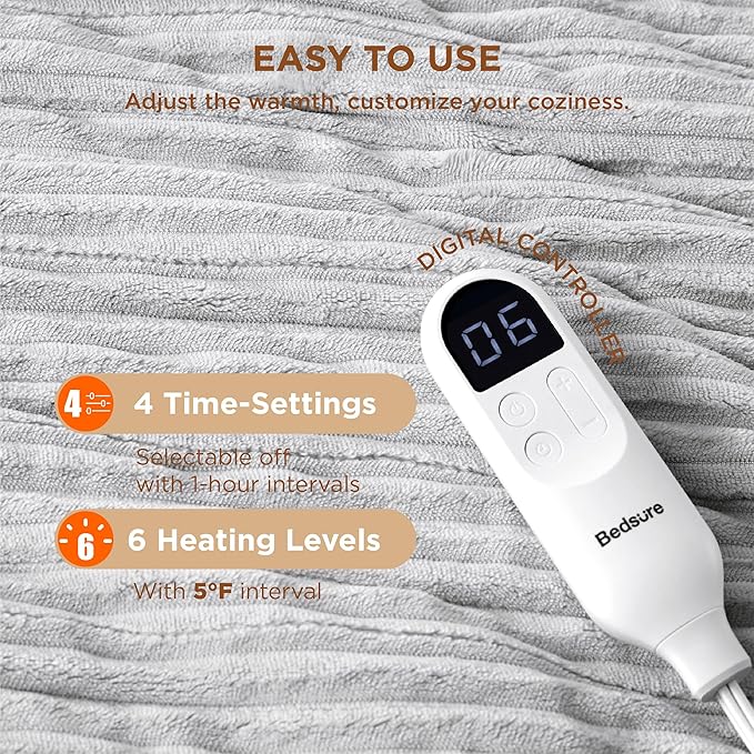 Bedsure GentleSoft Heated Blanket Electric Throw - Soft Ribbed Flannel Electric Blanket, Heating with 4 Time Settings, 6 Heat Settings, and 3 hrs Timer Auto Shut Off (50x60 inches, Light Grey)