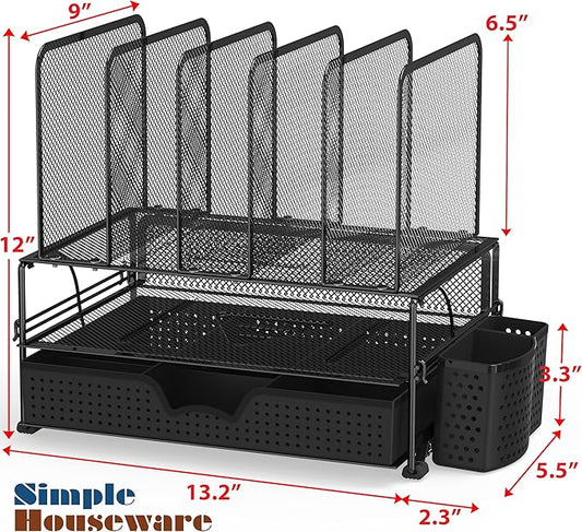 SIMPLE HOUSEWARE Mesh Desk Organizer with Sliding Drawer, Double Tray and 5 Upright Sections, Black