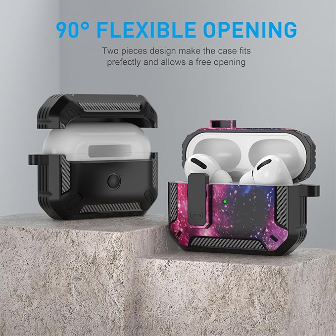 Maxjoy for AirPods Pro Case Cover with Lock, AirPods Pro 1st Generation Case for Men Military Rugged Protective Cover with Keychain Compatible with Apple AirPod Pros 2019 Front LED Visible, Starry Sky