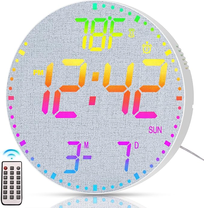 Kasbin 12 Inch Large Digital Wall Clock with Remote Control,RGB Color,Timer Date Temperature Display,Modern Clock for Living Room Bedroom Decor, Gift for Elderly (Grayish, 12")