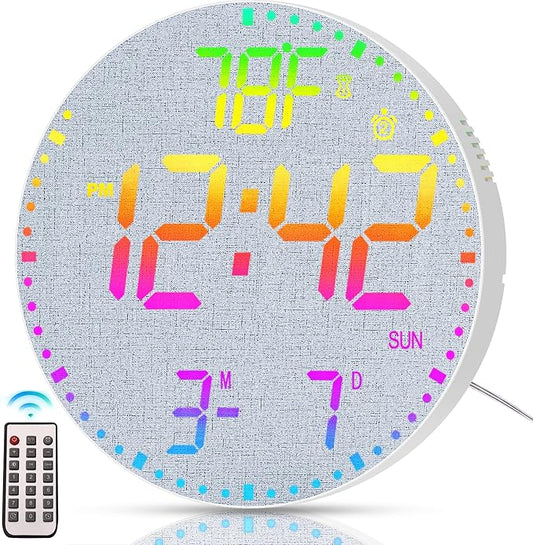 Kasbin 12 Inch Large Digital Wall Clock with Remote Control,RGB Color,Timer Date Temperature Display,Modern Clock for Living Room Bedroom Decor, Gift for Elderly (Grayish, 12")