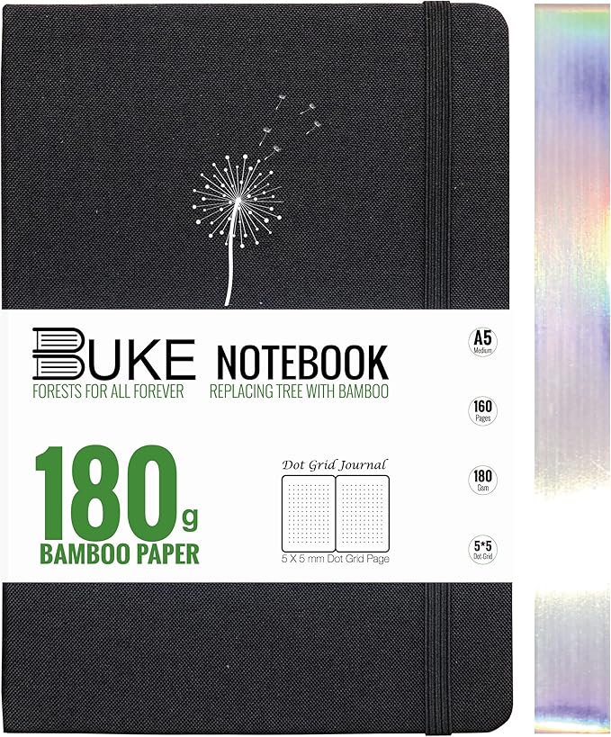 Dot Grid Notebook Dotted Journal,180Gsm Bamboo White Paper, 5 * 5MM Dots 160 Pages, Lay Flat Binding,Colored Silver Edges, Bookmarks and Expandable Back Pocket Dandelion