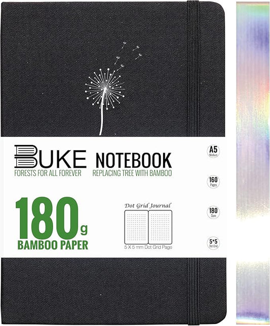 Dot Grid Notebook Dotted Journal,180Gsm Bamboo White Paper, 5 * 5MM Dots 160 Pages, Lay Flat Binding,Colored Silver Edges, Bookmarks and Expandable Back Pocket Dandelion