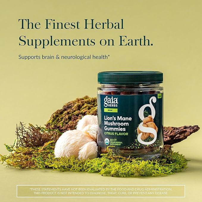 Gaia Herbs Lion's Mane Mushroom - Natural Brain Support Supplement - Made with Organic Lion's Mane Mushrooms - Free from Gluten, Soy & Dairy - 60 Vegan Gummies (30 Servings)