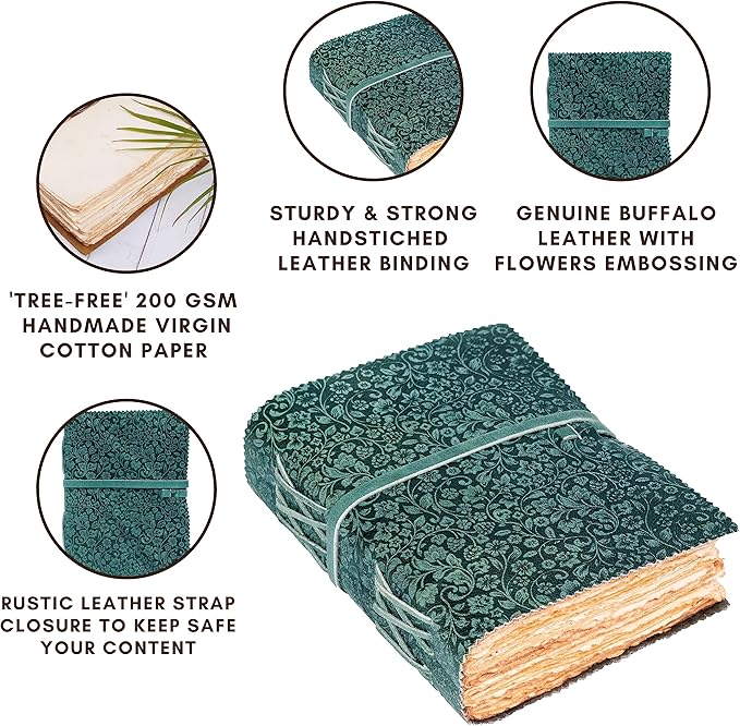 LEATHER VILLAGE Leather Bound Floral Embossed Journal for Women Men - 200 Pages, 8”X6”(A5), Turquoise - Book of Shadows, Vintage Blank Paper Travel Diary, Notebook for Writing, Drawing, Sketchbook