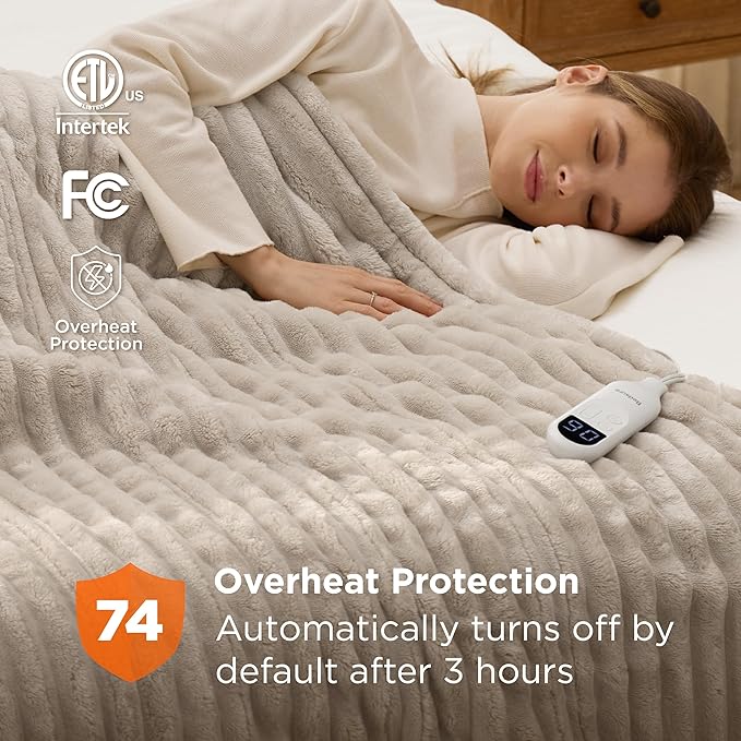 Bedsure Electric Blanket Twin - Thick Striped Flannel Electric Blanket, Heating with 10 Time Settings, 6 Heat Settings, and 8-Hour Timer Auto Shut Off, Gift for Grandma (62x84 inches, Linen)