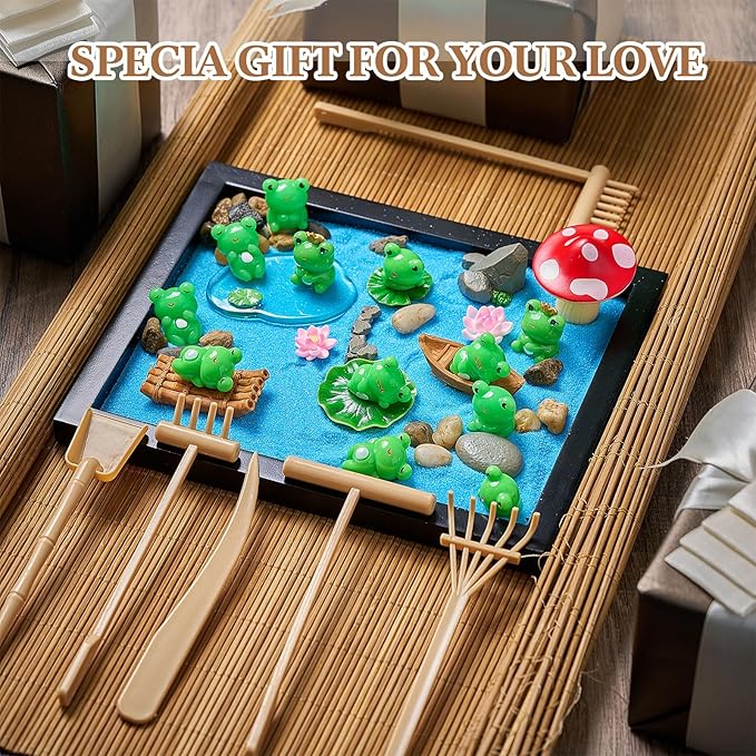 Soulchen Zen Garden Kit for Desk Decor Zen Sand Garden Box Set with Black Wooden Tray, Blue Sand, Tools & Accessories Japanese Gifts for Desktop Meditation Room Office Home(Frog)