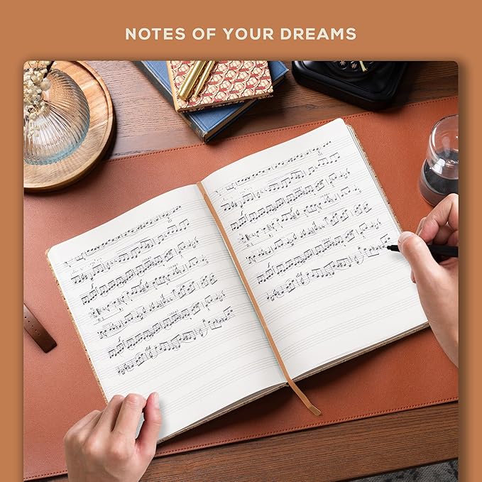 BEECHMORE BOOKS Blank Sheet Music Notebook – A4 8.5x11.5 for Songwriters, Musicians & Composers, 156 Thick 120gsm Pages, 10-Staff Perforated Sheets, Vegan Leather Hardcover, Elastic Closure, Gift Box