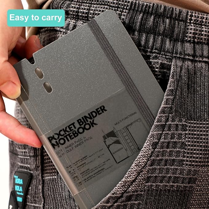 CAGIE A7 Binder 6 Ring Notebook with Dividers Refillable Planner Binder with Pockets, Refill Paper Include Planning Square Ruled and Dotted Pages (Grey and Blue, 2 Pcs A7 Hourly&Dot Page)