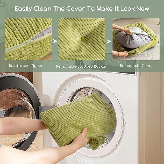 6" Washable Floor Pillow Cushion for Adults, Meditation Cushion Pillow, Large Square Floor Sitting, Removable Tufted Corduroy Cover, for Tatami Living Room or Yoga, 22x22 Inch, 2Pack, Machine Washable