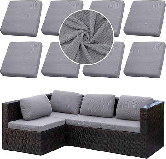 8Pcs Stretch Patio Cushion Cover Outdoor Cushion Cover Replacement Slipcovers Outdoor Cushion Covers Thick Jacquard Textured Twill Fabric Porch Patio Furniture Protector(Grey，Cover，Only)