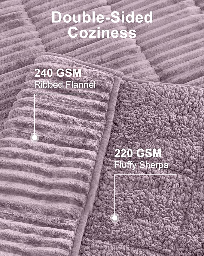 Sherpa Fleece Adult Weighted Blanket 20lbs with Ribbed Stripes, Dual Sided Fuzzy Warm Blanket for Couch Bed Sofa, Heavy Thick Blankets with Ceramic Beads Great for Sleep, Light Purple, 60" x 80"