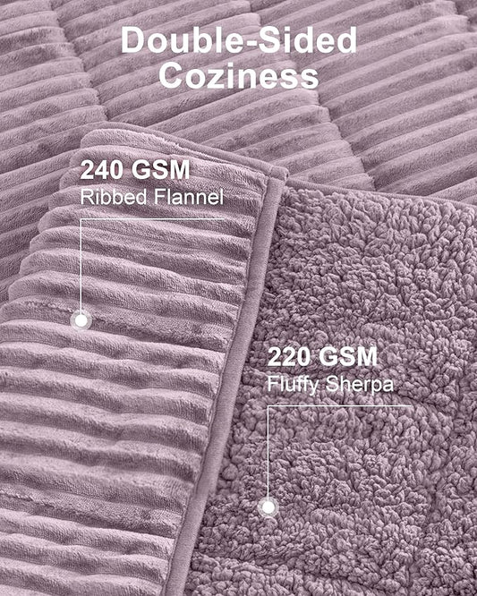 Sherpa Fleece Adult Weighted Blanket 20lbs with Ribbed Stripes, Dual Sided Fuzzy Warm Blanket for Couch Bed Sofa, Heavy Thick Blankets with Ceramic Beads Great for Sleep, Light Purple, 60" x 80"