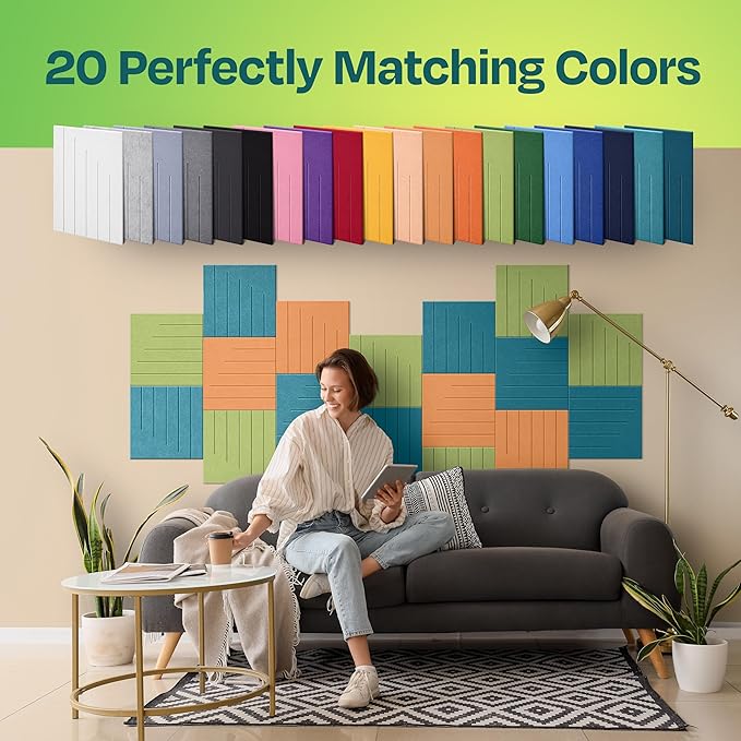 Acoustic Panels 12-Pack Soundproof Wall Panels 12"x12"x0.4" Decorative Sound Dampening for your Home, Office, Studio, Bedroom & More with Unique LineWave Carving [Light Turquoise]