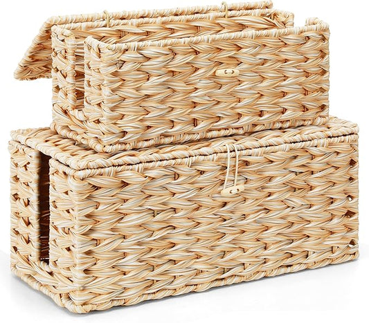 Posprica Cable Management Box with Lid, 2 Pack Handwoven Faux Ratten Cord Hider Organizer Boxes, 2 Side Open Slots Storage Box to Hide Cords and Power Strip for Desk, Floor, Office