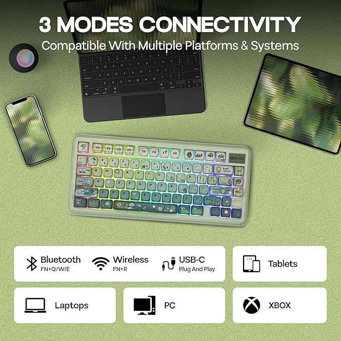 KiiBoom Phantom81 Lite 75% Gasket Mechanical Keyboard, QMK&VIA Programmable, 3 Modes Wireless Gaming Keyboard, RGB Backlights, ABS Case + UV Tech, Hot-Swappable for Windows/Mac/Linux (Green)