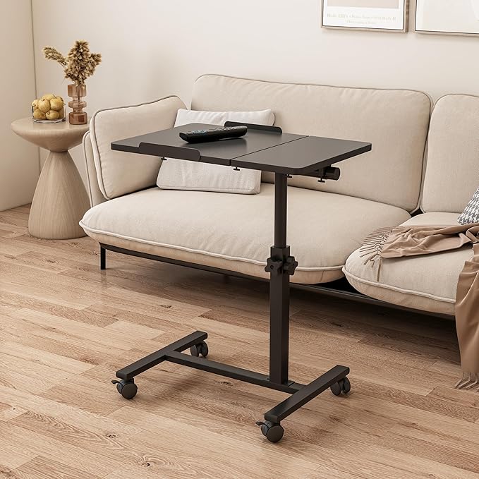 Rolling Over Bed Table Adjustable Height with Wheels Side Table for Couch Laptop Desk Hospital Overbed Table Couch TV Tray Table Computer Workstation-Frosted Black