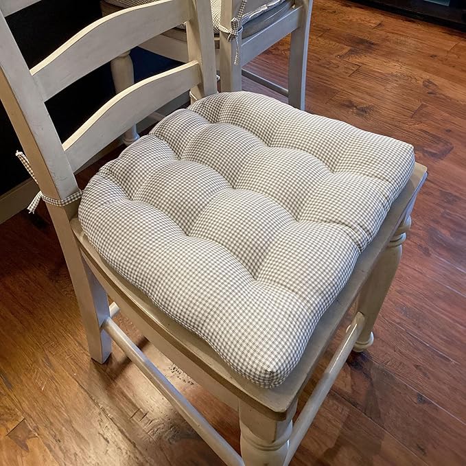 Barnett Home Decor Madrid Grey Dining Chair Pad with Ties - 15 x 17 Size Small Chair Cushion - Latex Foam Fill - Machine Washable, Reversible, 100% Cotton, Made in USA (Grey White Gingham Check)
