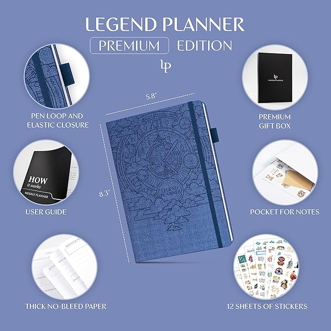 Legend Weekly Planner Premium – Undated Weekly, Monthly & Budget Planner – Life Organizer for Time Management & Productivity, A5 (Mystic Blue)