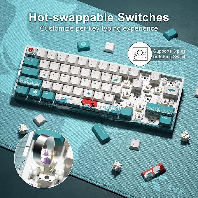 HITIME 60 Percent Keyboard, XVX M61 Pro 3-Modes Wireless Mechanical Keyboard, Hot-Swappable Custom Gaming Key Board, RGB Backlit, for Windows Mac PC Gamers(Coral Sea Theme, Pre-lubed Linear Switch)