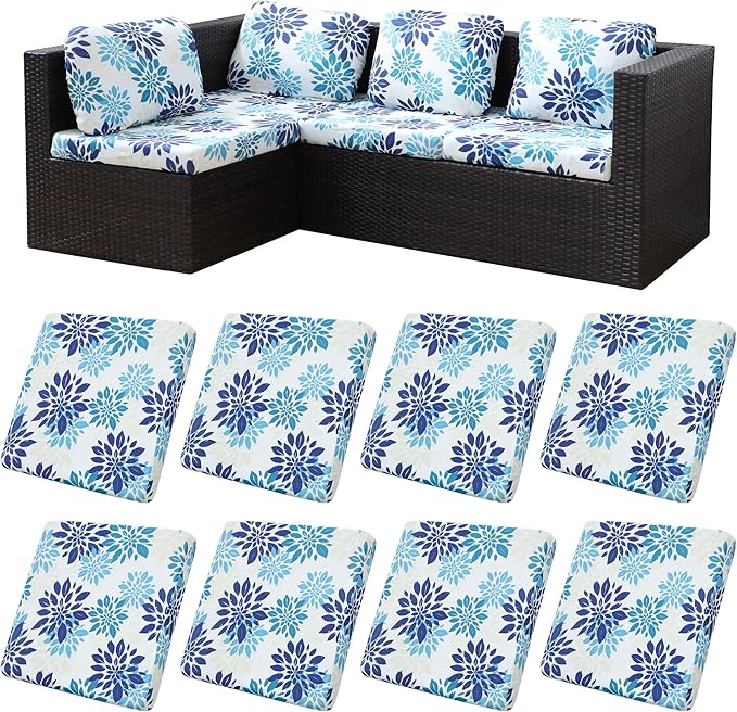 8Pcs Stretch Patio Cushion Covers,Outdoor Couch Covers Replacement,Outdoor Couch & Sofa Slipcovers,for Patio Furniture Cushion Covers,Washable Reusable Furniture Protector(Blue Flower,Cover Only)