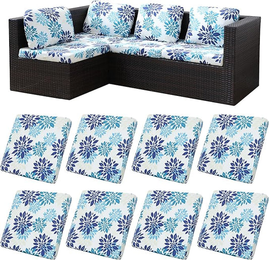 8Pcs Stretch Patio Cushion Covers,Outdoor Couch Covers Replacement,Outdoor Couch & Sofa Slipcovers,for Patio Furniture Cushion Covers,Washable Reusable Furniture Protector(Blue Flower,Cover Only)