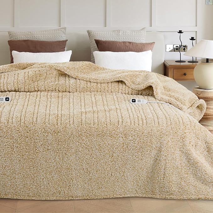 Electric Heated Blanket Queen 84x90 inches, Fast Heating w/ 10 Heat Settings & 2/4/8/10H Auto Timer, Double-Sided Sherpa, Ultra Soft & Cozy for Couch, Bed, Office, Machine Washable, Light Camel